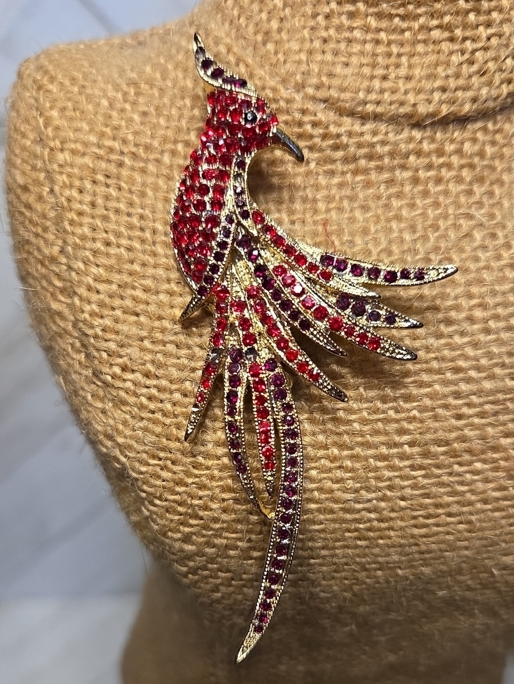 Pheonix Brooch Pin Faux Crystal Red And Gold Costume Jewellery